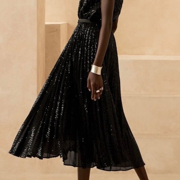 Banana Republic Black Sequin Striped Pleated Midi Skirt Size XS NWT - Picture 7 of 11